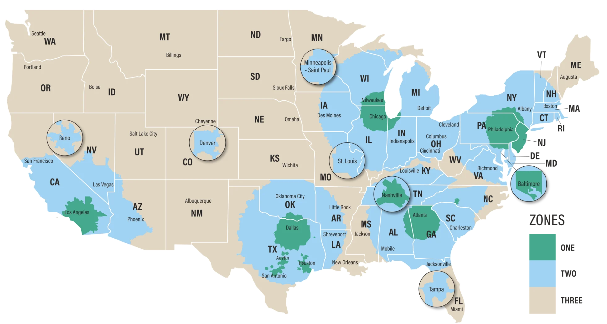 Allied Packaging Free Shipping Zone Map